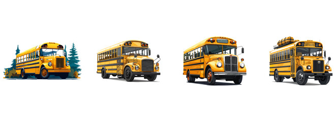 School bus, education transportation, student clipart vector illustration set