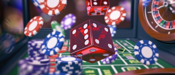 Casino roulette table with red dice and chips. Online Casino and Betting Concept with Copy Space. Gambling Concept.