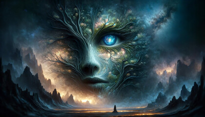 An AI-generated mystical landscape where an immense, ancient tree morphs into the hauntingly beautiful features of a woman's face, set against a tumultuous sky.