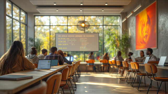 A group of students using tablets and laptops in a modern and well-equipped classroom