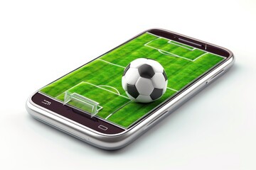 Smartphone with soccer ball on white background. 3D illustration. Online Casino and Betting Concept with Copy Space. Gambling Concept.