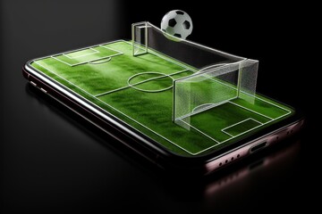 Smartphone with soccer ball on black background. 3D illustration. Online Casino and Betting Concept with Copy Space. Gambling Concept.