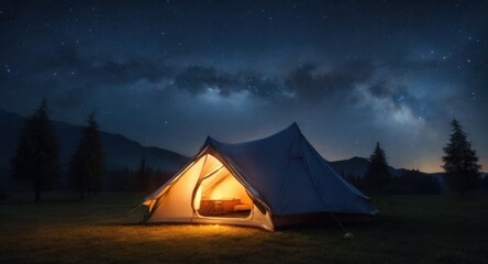 Fototapeta na wymiar A Starry Night Dream: Waking Up to Breathtaking Views While Camping 
