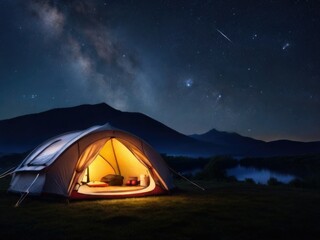 Fototapeta na wymiar Starry Night Sanctuary: Unforgettable Camping Experience Beneath a Majestic Sky