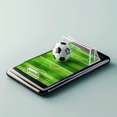 Smartphone with soccer ball on the field. 3d illustration. Online Casino and Betting Concept with Copy Space. Gambling Concept.