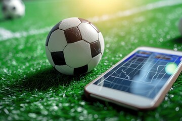 Soccer ball and mobile phone on green grass background with copy space. Online Casino and Betting Concept with Copy Space. Gambling Concept.