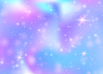 Naklejka na ściany i meble Holographic background with rainbow mesh. Trendy universe banner in princess colors. Fantasy gradient backdrop with hologram. Holographic unicorn background with fairy sparkles, stars and blurs.