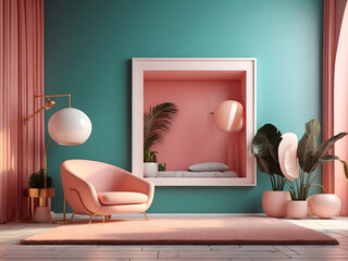 Mock-up poster frame in modern interior background, living room, Art Deco style, 3D render, 3D illustration