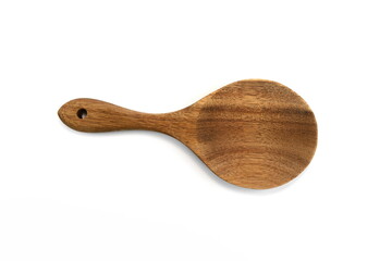 Empty wooden spoon isolated on white background. Top view of natural kitchenware