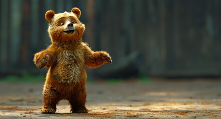 Happy Animated Bear Waving in a Cheerful Pose. An adorable, fluffy bear stands with arms wide open, exuding joy and friendliness - obrazy, fototapety, plakaty
