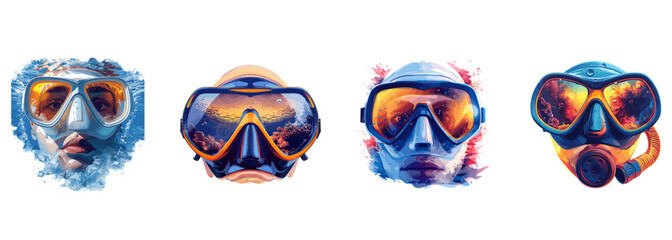 Snorkel mask, underwater exploration, diving gear clipart vector illustration set