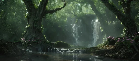 Foto auf Alu-Dibond A stream winds its way through a dense forest, surrounded by vibrant green foliage and towering trees. The water glistens in the sunlight, creating a tranquil scene in the sacred woodlands filled with © 2rogan