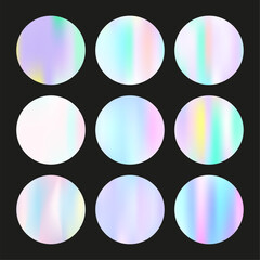 Gradient round set with holographic mesh. Abstract hologram. Fluorescent gradient round set. Minimalistic 90s, 80s retro style graphic template for book, annual, mobile interface, web app.