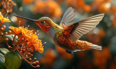 Resplendent Hummingbird Hovering by Vibrant Flowers
