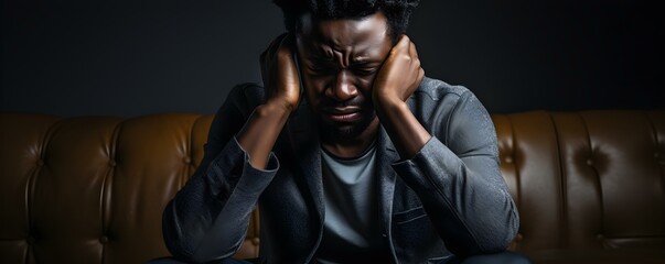 Fototapeta na wymiar Anxiety-Stricken Man of African Descent Sits on Couch Clutching Head in Stress. Concept Mental Health, Stress Management, Emotional Well-being, Coping Mechanisms, Support System