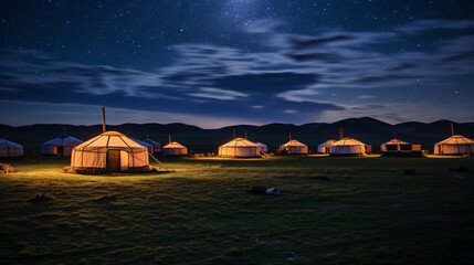 Fototapeta na wymiar Yurts on the Mongolian grasslands at night