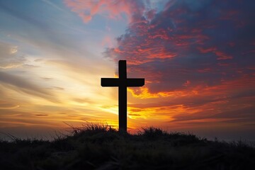Fototapeta na wymiar Silhouette of a cross against a dramatic sunset Symbolizing faith and spiritual reflection