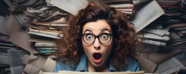 Young woman reacts in disbelief while reading sensational tabloid newspaper headlines. Concept Expressions, Tabloid Headlines, Young Woman, Disbelief, Sensationalism - obrazy, fototapety, plakaty