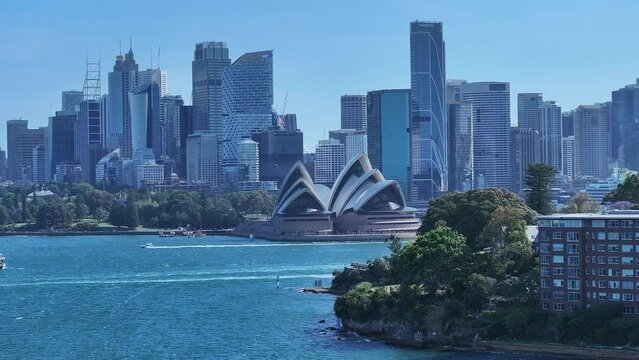 Aerial video of Sydney City and Sydney Harbor at sunset, Australia