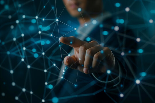 Businessman navigating the digital global network of government data exchange in an e-governance setting