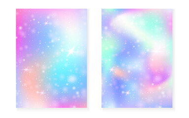 Magic background with princess rainbow gradient. Kawaii unicorn hologram. Holographic fairy set. Vibrant fantasy cover. Magic background with sparkles and stars for cute girl party invitation.