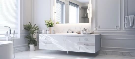 Interior of light bathroom with counters, sink and mirror.