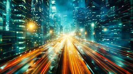 Urban Night Rush: Cityscape with Blurred Traffic Lights and Highways
