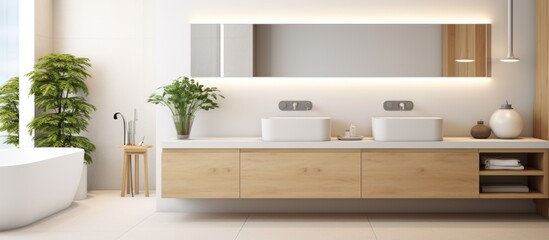 Interior of light bathroom with counters, sink and mirror.