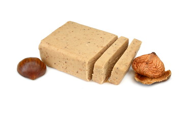 Chestnut puree isolated on white background. Chestnut puree, butter, brick. Chestnut puree bar.