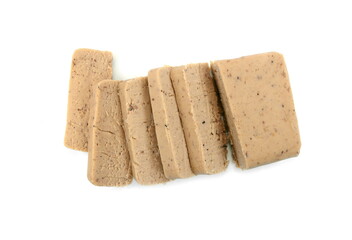 Chestnut puree isolated on white background. Chestnut puree, butter, brick. Chestnut puree bar.