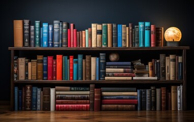 A rustic wooden shelf holds an intriguing collection of books and globes against a dark wall - obrazy, fototapety, plakaty