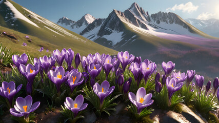 Obraz premium purple crocuses grow on the hills against the backdrop of the mountains. first spring flowers.