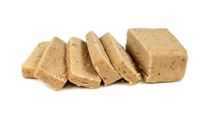 Chestnut puree isolated on white background. Chestnut puree, butter, brick. Chestnut puree bar.