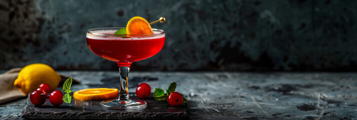 beautiful cherry cocktail in a coupe glass on a granite counter top - obrazy, fototapety, plakaty