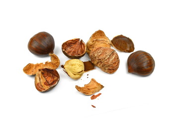 Fresh chestnuts isolated on white background. Hippocastanum isolated. Chestnut with clipping path. Macro.