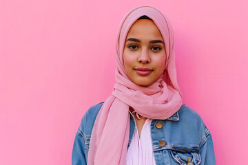 Woman Wearing Pink Scarf and Denim Jacket