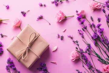 Gift Box Surrounded by Flowers on Pink Background