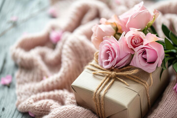 Fototapeta na wymiar Wrapped Present With Pink Roses on Blanket