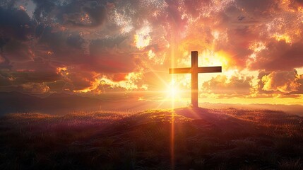 powerful message 'He is Risen' with an image of the crucifixion at sunrise, capturing the divine light and spiritual significance.