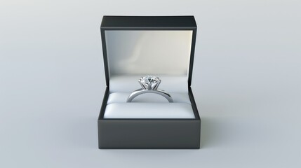 3d render of diamond engagement ring in an opened black box with white studio lighting, symbolic of love and romantic. Generative AI