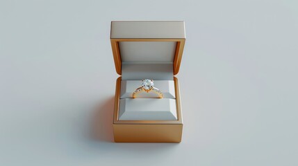 front view photo of isolated diamond engagement or wedding ring in an opened brown box with white studio lighting and copy space to edit, symbolic of love and romantic. Generative AI	
