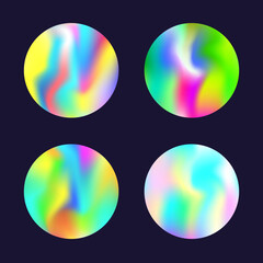 Gradient round set with holographic mesh. Abstract hologram. Plastic gradient round set. Minimalistic 90s, 80s retro style graphic template for placard, presentation, banner, brochure.