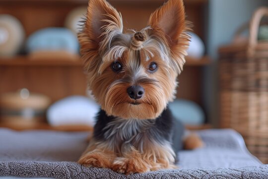 Closeup portrait of a Yorkshire Terrier getting stylish haircut. Yorkshire terrier in a grooming salon