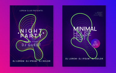 Neon flyer. Geometric discotheque magazine set. Dynamic fluid shape and line. Neon flyer trance event. Techno dj party. Electro dance music. Electronic sound. Club fest poster.