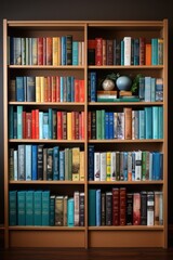 Neat rows of books in shades of blue, beige, and red fill a modern, light wood bookshelf