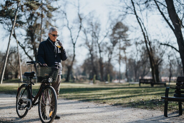 Senior man enjoying a refreshing beverage during a relaxing bike ride in the park.