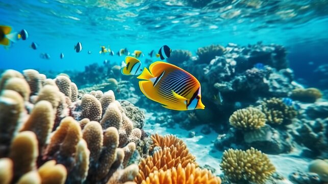 illustration of a landscape of underwater coral reefs and fish. Beautiful fish of various types. Unique, colorful modern design