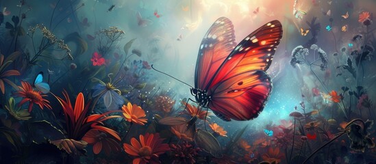 A colorful butterfly gracefully flutters over a vibrant field of blooming flowers, showcasing the beauty of nature in this picturesque scene.