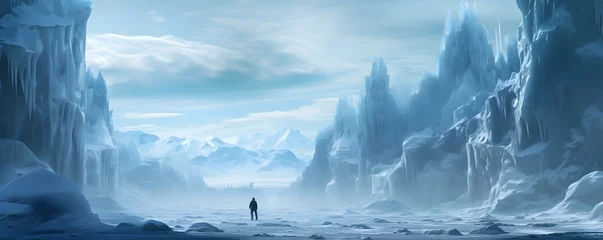 Poster Man exploring frozen isolated world with towering ice fortress in background. Concept Exploration, Frozen World, Ice Fortress, Isolation, Adventure © Ян Заболотний