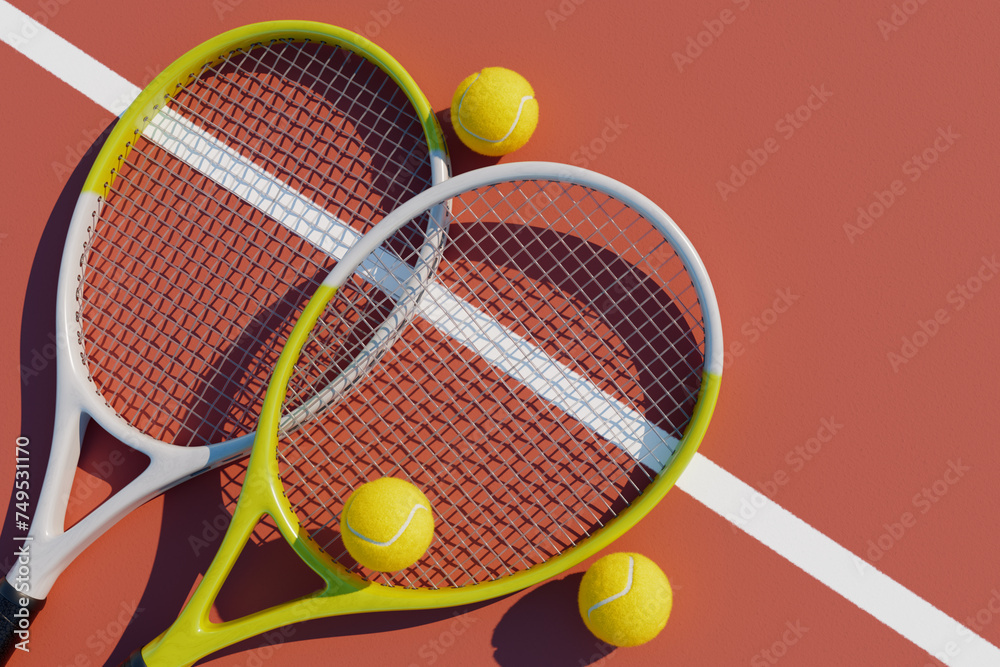 Wall mural Two tennis rackets and balls on the court. Top view 3D rendering